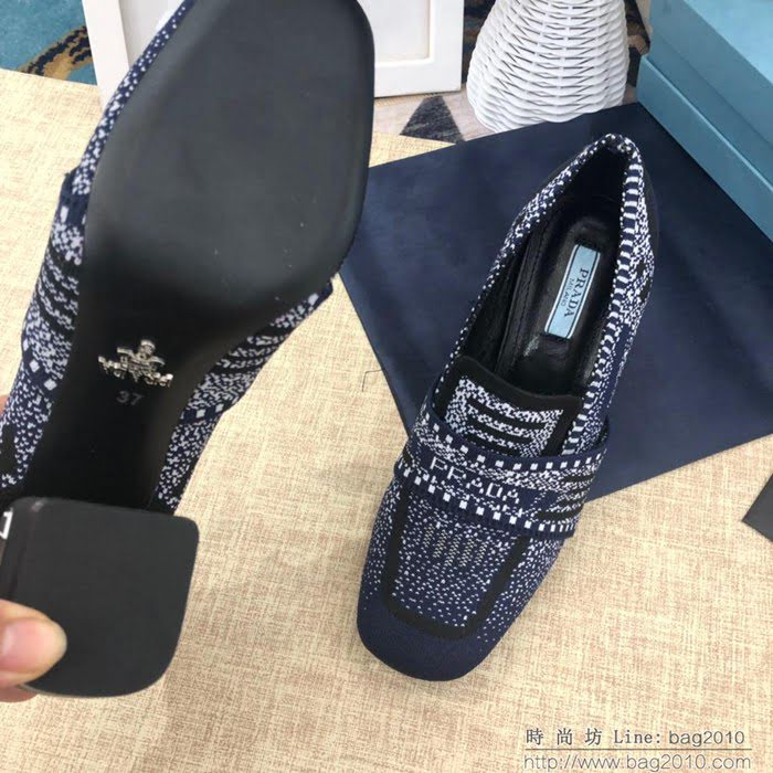PRADA普拉達 2019頂級版本 刺繡系列 春夏時尚 粗跟方頭單鞋 網紅同款  ljl1041